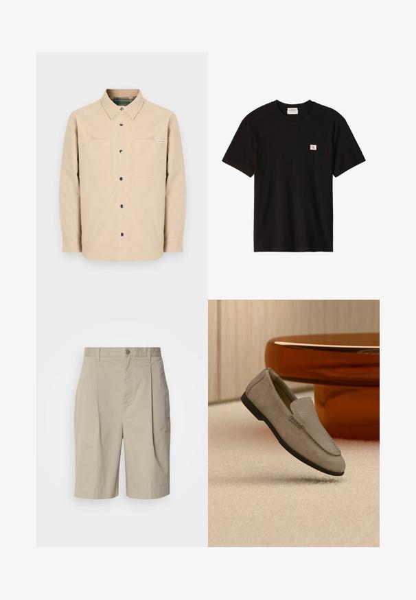Chemise beige boutonnée avec deux poches avant, boutons noirs et col intérieur à carreaux. Design simple avec un ourlet droit.; T-shirt noir à manches courtes côtelé avec encolure ronde et petite étiquette blanche carrée affichant le logo rouge "cK" sur le côté gauche de la poitrine.; Shorts en coton beige avec un devant plissé, fermeture à bouton à la taille et poches latérales. Texture lisse et coupe à mi-genoux.; Mocassin en suède marron clair avec semelle noire, posé sur un tapis beige devant une table circulaire marron réfléchissante contre un mur en bois.