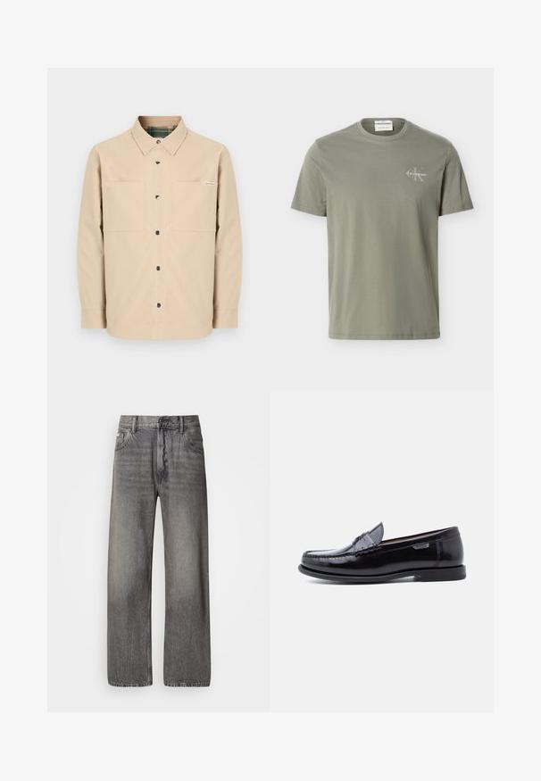 Camisa bege com botões, dois bolsos frontais, botões pretos e gola interior aos quadrados. Design simples com bainha reta.; Camiseta de manga curta com decote redondo em verde azeitona claro, com pequeno logótipo branco da Calvin Klein no peito esquerdo.; Jeans de perna larga em ganga cinzento escuro com acabamento desbotado. Apresenta um design clássico de cinco bolsos e passantes para cinta.; Mocassins de couro preto com acabamento brilhante, apresentando um design costurado na ponta e uma sola de borracha preta texturizada e baixa.