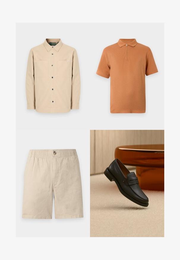 Chemise beige boutonnée avec deux poches avant, boutons noirs et col intérieur à carreaux. Design simple avec un ourlet droit.; Polo shirt orange texturé à manches courtes pour homme avec une fermeture éclair au niveau du col et un col classique sur fond blanc.; Shorts en coton beige avec ceinture élastique, fermeture par bouton et détail de couture à l’avant sur fond blanc.; Mocassin homme en cuir noir avec une bande sur le dessus, présenté sur un tapis beige près d'une table ronde moderne marron.