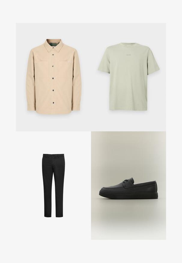 Camisa beige con botones delanteros, dos bolsillos frontales, botones negros y un cuello interior a cuadros. Diseño simple con dobladillo recto.; Camiseta de algodón verde clara con cuello redondo, mangas cortas y un pequeño logo de Calvin Klein en una tonalidad más oscura impreso en el pecho.; Pantalones negros fabricados con una mezcla de algodón, con un diseño de corte ajustado, parte delantera plana y cierre con botón. Sin patrones ni detalles visibles.; Mocasín casual negro de cuero con detalles de cordones y suela gruesa de goma, visto de lado sobre un fondo neutro.