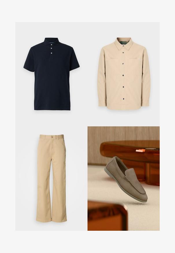 Beige Hemd zum Zumachen mit zwei Fronttaschen, schwarzen Knöpfen und kariertem Innenkragen. Einfaches Design mit geradem Saum.; Marineblaue kurzärmlige Polo-Shirt mit Kragen und drei weißen Knöpfen auf der Knopfleiste, vor einem einfarbigen Hintergrund präsentiert.; Beige, weit geschnittene Hosen aus einer Baumwollmischung. Mit einem Knopfverschluss und Gürtelschlaufen. Glatte Textur mit minimalen Nähten.; Beiger Wildleder-Slipper mit sichtbarer Naht und heller Sohle, auf einem cremefarbenen Teppich platziert, mit orange-transparenten Möbeln im Hintergrund.
