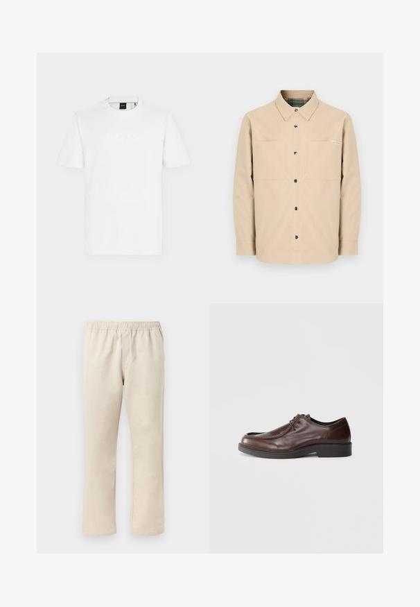 Chemise beige boutonnée avec deux poches avant, boutons noirs et col intérieur à carreaux. Design simple avec un ourlet droit.; T-shirt blanc à manches courtes avec col rond, logo "BOSS" discrètement embossé sur le devant et étiquette noire à l’intérieur du col.; Pantalon beige à jambe droite avec taille élastique, devant plat et sans poches visibles sur un fond clair.; Chaussure habillée en cuir marron avec un bout arrondi, des accents de couture minimum, et une semelle noire robuste. Présente un système de laçage et une texture lisse.