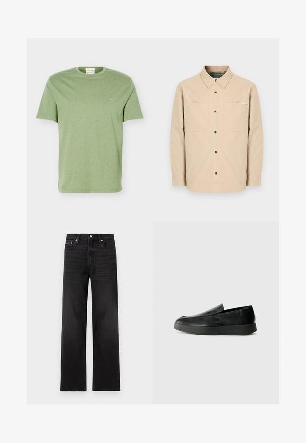 Chemise beige boutonnée avec deux poches avant, boutons noirs et col intérieur à carreaux. Design simple avec un ourlet droit.; T-shirt en coton vert clair à manches courtes, col rond et petit logo brodé sur la poitrine gauche.; Jean noir droit avec cinq poches, passants pour ceinture et fermeture par bouton, présenté sur un fond blanc.; Calvin Klein HYBRID CUP - Chaussons - triple black