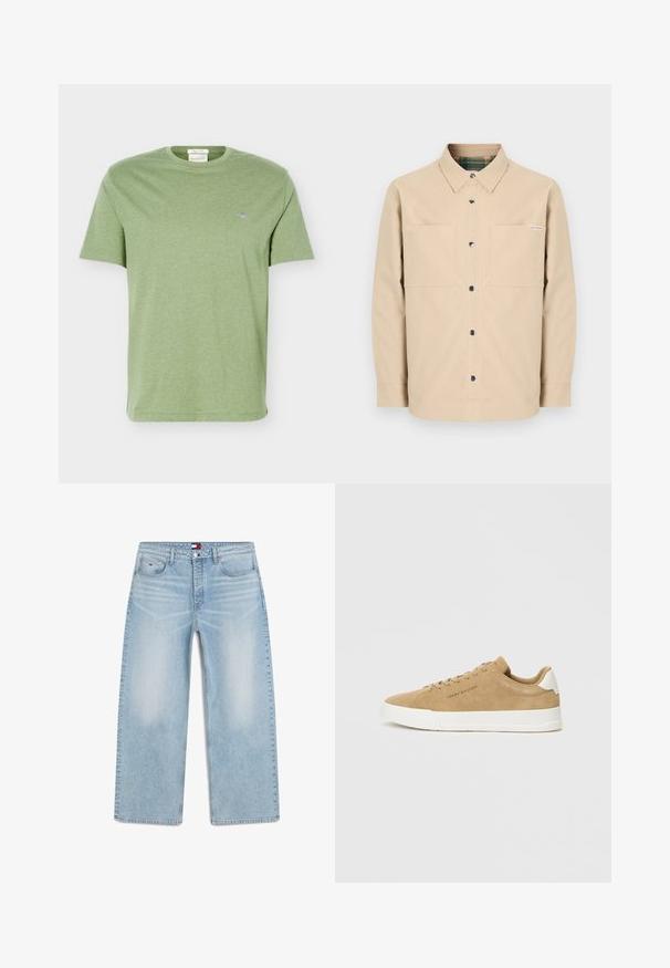 Chemise beige boutonnée avec deux poches avant, boutons noirs et col intérieur à carreaux. Design simple avec un ourlet droit.; T-shirt en coton vert clair à manches courtes, col rond et petit logo brodé sur la poitrine gauche.; Jean bleu clair à jambes larges avec cinq poches, fermeture par bouton et zip, et détails subtils délavés sur l'avant des cuisses.; Baskets en suède beige avec une semelle en caoutchouc blanc, bout rond, lacets plats et un logo discret sur le côté. Texture lisse et design minimaliste.
