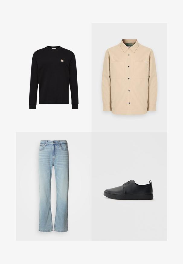 Beige skjorte med knapper foran, to forlommer, sorte knapper og et ternet indvendigt krave. Enkel design med lige kant.; Sort langærmet rundhalset sweater med lille beige og rød CK-logo patch på venstre bryst.; Lyseblå denimjeans med lige ben, der har fem lommer, knaplukning og en subtil falmning på stoffet.; Sorte lædersneakers med en glat finish, rund tå, tonalt syning, snøring foran og en flad gummisål. Løkke ved hælen.