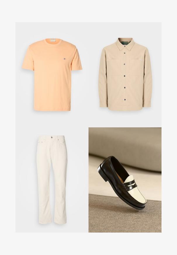 Chemise beige boutonnée avec deux poches avant, boutons noirs et col intérieur à carreaux. Design simple avec un ourlet droit.; T-shirt à manches courtes en coton pêche clair, arborant un petit logo bleu sur la poitrine. Col rond avec une texture douce.; Jeans en coton beige avec un design classique à jambe droite, comportant une fermeture à bouton à l'avant, cinq poches et des détails de couture subtils.; Mocassin en cuir noir avec un empeigne crème et des rayures noires, présentant un petit talon et des coutures détaillées le long des bords.