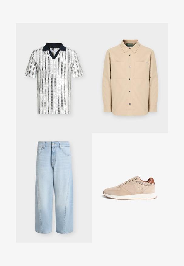 Chemise beige boutonnée avec deux poches avant, boutons noirs et col intérieur à carreaux. Design simple avec un ourlet droit.; Polo en maille à manches courtes avec des rayures verticales noires et bleues sur fond blanc, doté d’un col uni bleu marine foncé et d’une encolure en V.; Jean en denim bleu clair à jambes larges avec poches avant, passants de ceinture, fermeture par boutons et longueur raccourcie.; Baskets basses beiges à tige en daim, semelle blanche, col en mesh, languette talonnière marron et fermeture à lacets sur fond blanc.