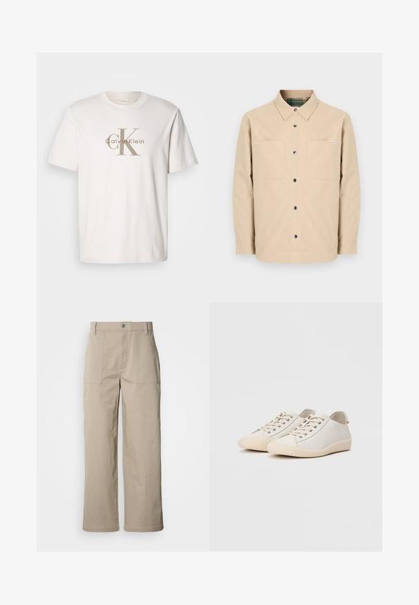 Beige skjorte med knapper foran, to forlommer, sorte knapper og et ternet indvendigt krave. Enkel design med lige kant.; Hvid kortærmet bomulds t-shirt med beige "cK Calvin Klein" logo trykt over brystet, rund udskæring og afslappet pasform.; Beige bukser med vide ben lavet af bomuld; har forlommer, knaplukning og synlig syning langs kanterne.; Hvide sneakers lavet af glat læder med tonede stikninger, snørebåndslukning, rund tå og en tekstureret gummisål.