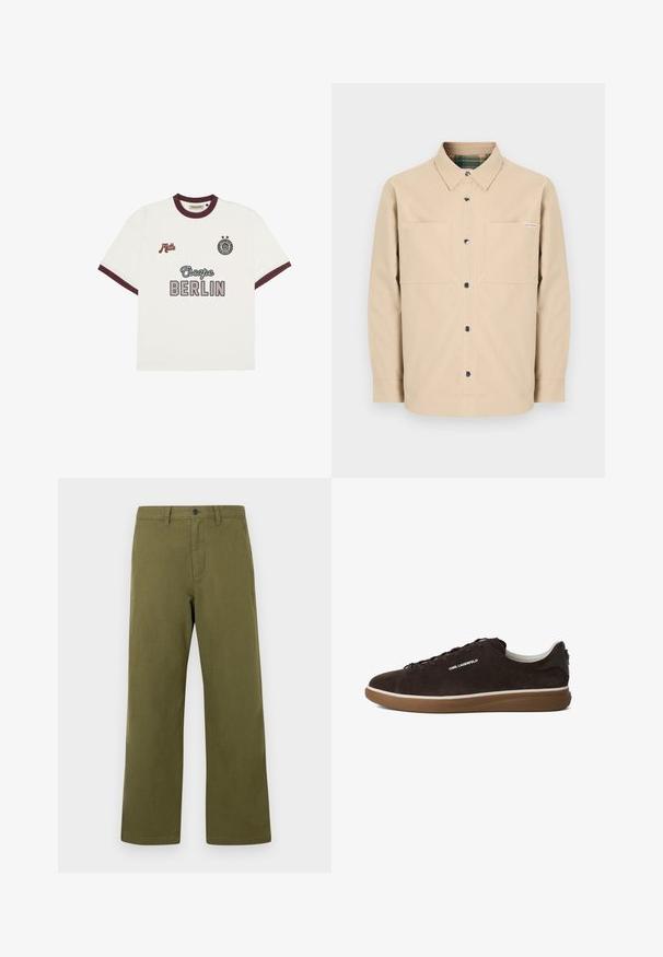 Camisa beige con botones delanteros, dos bolsillos frontales, botones negros y un cuello interior a cuadros. Diseño simple con dobladillo recto.; Camiseta blanca de manga corta con ribete burdeos, texto "Escape BERLIN" en el centro del frente, "Mitte" en el lado izquierdo del pecho y un emblema circular con dos estrellas en el lado derecho del pecho.; Pantalones de algodón verde oliva, con diseño de pierna recta, cierre frontal de botones y trabillas para cinturón. Estilo minimalista sin estampados.; Zapatilla baja de ante marrón oscuro con suela de goma marrón, parche negro en el talón y marca "KARL LAGERFELD" en el lateral.