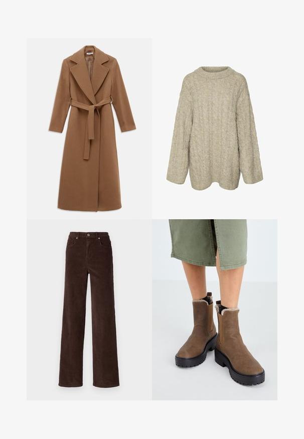 Manteau en laine camel long avec des revers larges, des manches longues et une ceinture en tissu assorti nouée à la taille.; Pull en maille torsadée couleur beige clair avec un col montant, des manches longues et une coupe ample. Motif texturé sur l'ensemble, mettant en avant un fil doux et épais.; Vero Moda VMTESSA WIDE PANTS - Pantalon classique - chocolate torte; Bottines en cuir marron avec une semelle en caoutchouc, une doublure douce et des inserts élastiques sur les côtés. Elles présentent un petit talon carré et une texture lisse.