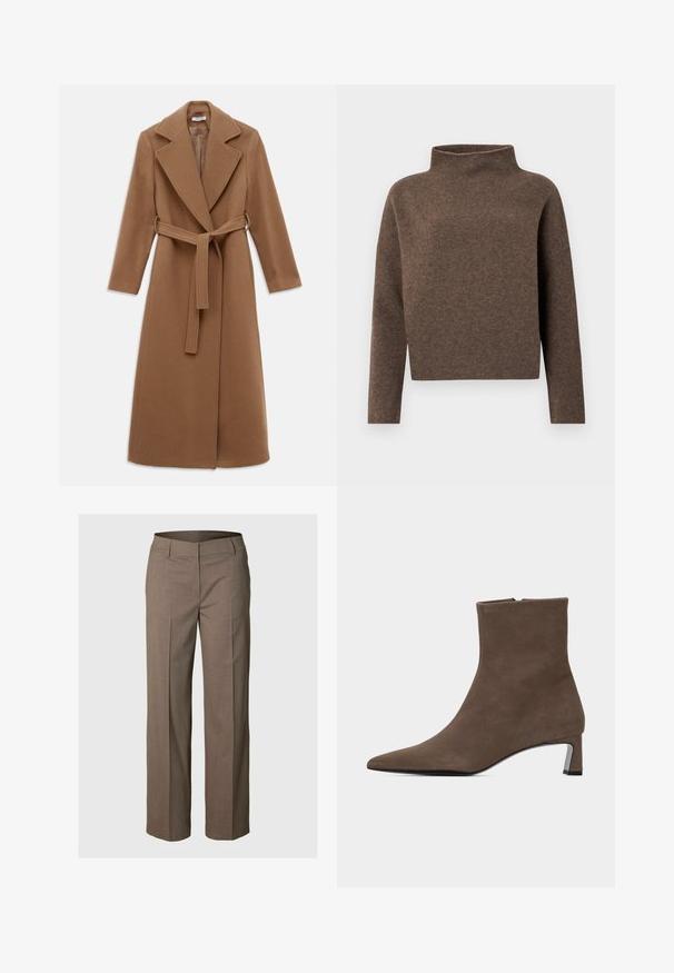 Manteau en laine camel long avec des revers larges, des manches longues et une ceinture en tissu assorti nouée à la taille.; Pull marron court avec un col haut à revers, des manches longues et un tissu doux et texturé. Design minimaliste sans matériel visible.; Pantalon marron sur mesure en tissu lisse. Comprend une coupe droite avec plis avant et une ceinture discrète.; Bottine en suède marron avec bout pointu, fermeture éclair latérale et petit talon carré sur fond clair uni.
