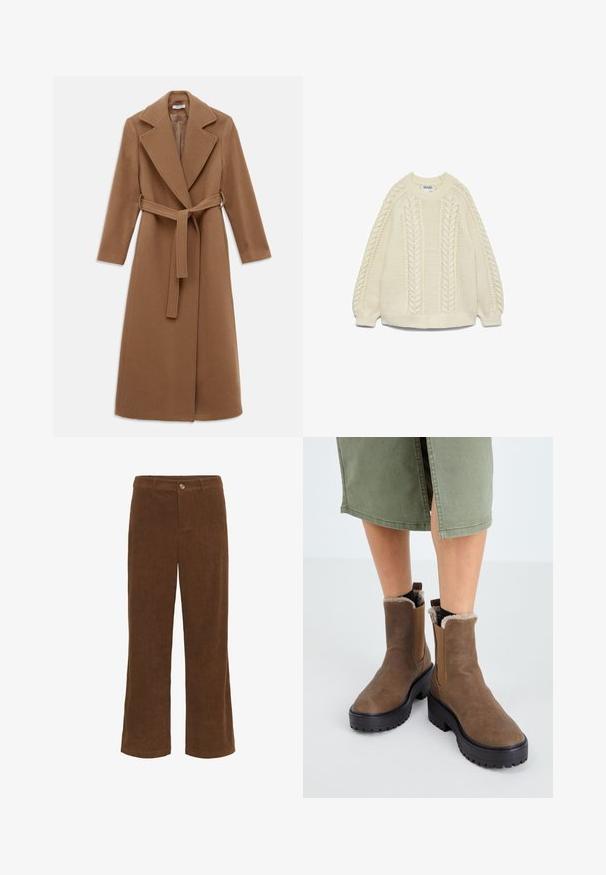 Lang kamelbrun uldfrakke med brede slag, lange ærmer og et bælte i matchende stof, der er knyttet i taljen.; Cremefarvet strikket sweater med kabelstrik, rund halsudskæring og lange ærmer med ribkant ved håndleddene og kanten.; Brune fløjl bukser med lige ben design, der har en frontknaplukning og subtil vertikal ribbet tekstur.; Brune læder ankelstøvler med gummisål, blød foring og elastiske sideindsatser. Har en lav blokhæl og en glat overflade.