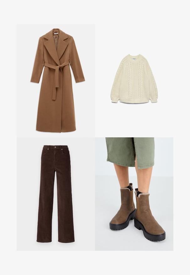 Lang kamelbrun uldfrakke med brede slag, lange ærmer og et bælte i matchende stof, der er knyttet i taljen.; Cremefarvet strikket sweater med kabelstrik, rund halsudskæring og lange ærmer med ribkant ved håndleddene og kanten.; Vero Moda VMTESSA WIDE PANTS - Bukser - chocolate torte; Brune læder ankelstøvler med gummisål, blød foring og elastiske sideindsatser. Har en lav blokhæl og en glat overflade.