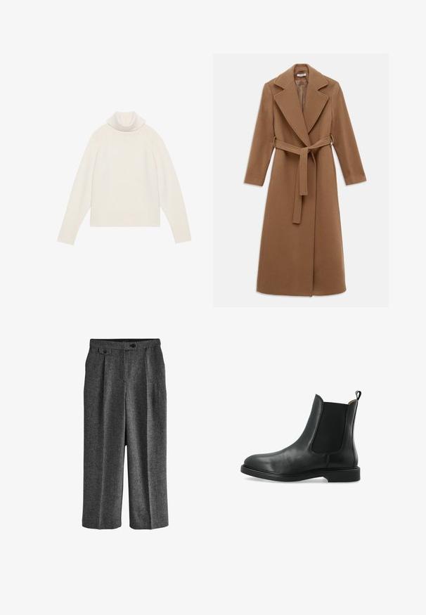 Lang kamelbrun uldfrakke med brede slag, lange ærmer og et bælte i matchende stof, der er knyttet i taljen.; Lyscreme turtleneck sweater med ribbet tekstur, raglanærmer og tætsiddende kant. Blødt materiale og afslappet silhuet.; Next REGULAR FIT N PREMIUM WIDE LEG PLEATED - Habitbukser - grey; Sort læder Chelsea-støvle med elastiske sider, en trækflig og en flad gummisål. Glat tekstur med en rund tå.