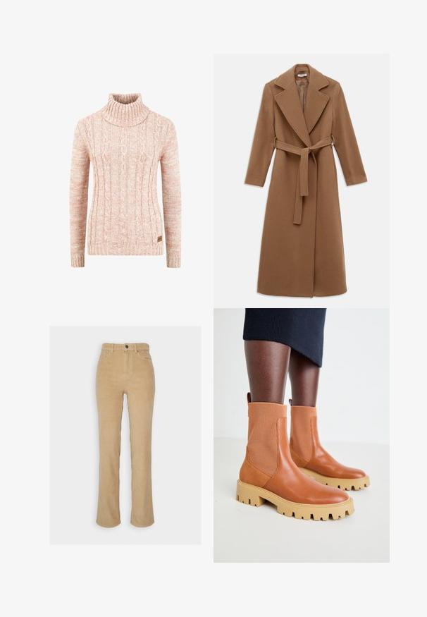 Manteau en laine camel long avec des revers larges, des manches longues et une ceinture en tissu assorti nouée à la taille.; Pull en col roulé tricoté en doux pêche avec un motif en relief de câble, des manches longues et une étiquette de marque tissée sur l'ourlet.; ONLY ONLEMILY LONG PANT - Pantalon classique - beige; Bottes chelsea en cuir marron avec des panneaux élastiques nervurés, semelle chunky beige et détail de tirage ; design contemporain avec une finition texturée.