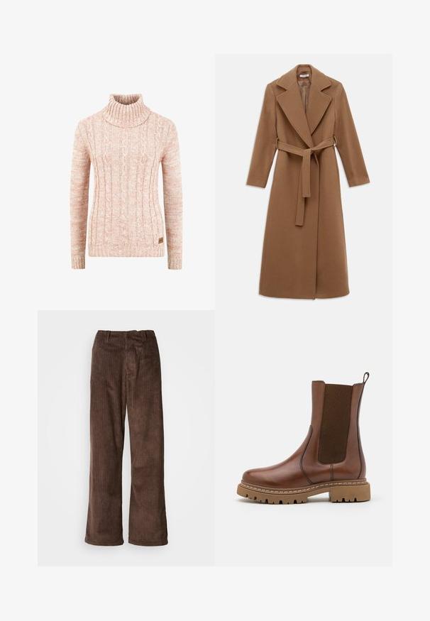 Abrigo largo de lana color marrón camel con solapas anchas, mangas largas y un cinturón de la misma tela atado en la cintura.; Suéter de cuello alto de punto en suave melocotón, con patrón de cable texturizado, mangas largas y una etiqueta de marca tejida en el dobladillo.; Pantalones de pana marrones con un diseño de pierna ancha, que presentan costuras verticales y una cinturilla. La tela tiene una apariencia suave y texturizada.; Botín de cuero marrón con paneles elásticos y una lengüeta. Presenta una suela de goma gruesa y detalles de costura visibles a lo largo de los bordes.