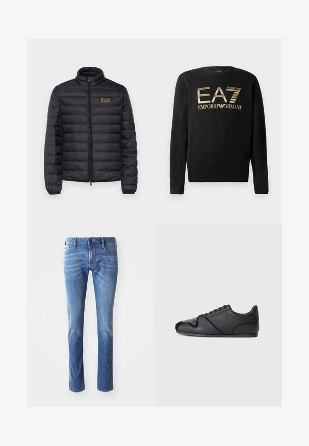 Sort puffjakke med høj krave, horisontal quiltning, lynlås lukning og et guld logo på venstre bryst. Glat, letvægts stof.; Sort sweatshirt med rund halsudskæring, prydet med guld EA7 Emporio Armani-logo over brystet. Blødt stof med ribbede manchetter og kant.; Lysblå denim jeans med lige ben-design, der har traditionelle fem-lomme detaljer og diskret falmning mod knæene.; Sorte atletiske sko med en glat læderoverdel, subtile teksturerede detaljer og en kontrasterende tåhætte i sort ruskind. Har en gummisål.