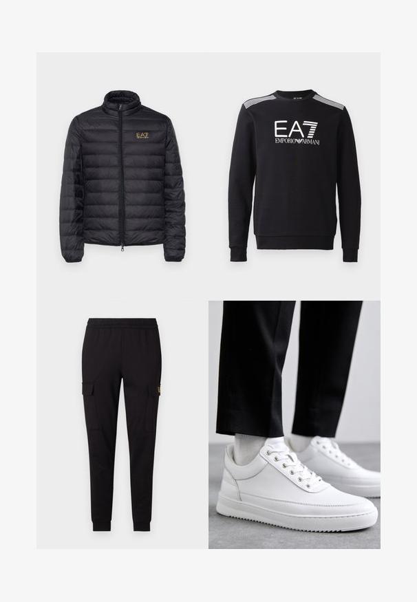 Doudoune noire avec un col montant, un matelassage horizontal, une fermeture à zip et un logo doré sur le côté gauche de la poitrine. Tissu lisse et léger.; Sweatshirt noir en coton, avec un col rond, des manches longues, un logo EA7 blanc et des rayures sur les épaules.; Pantalons de jogging noirs en tissu doux, présentant une coupe fuselée et deux poches cargo latérales avec un logo discret sur une poche.; Baskets blanches en cuir avec une semelle en caoutchouc plat, présentant une finition lisse, un bout rond et des œillets en métal pour les lacets. Portées avec un pantalon noir.