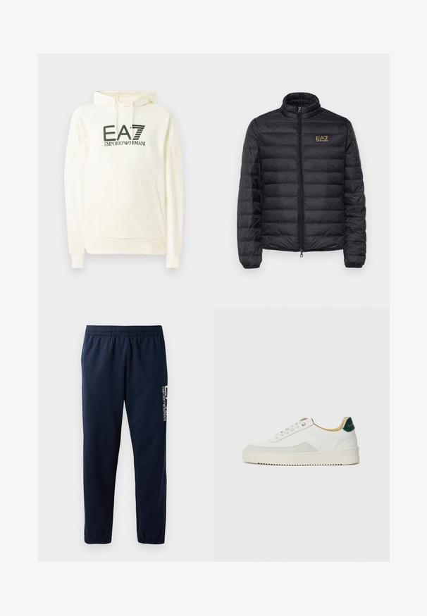 Zwarte pufferjack met hoge kraag, horizontale doorstikking, ritsluiting en een gouden logo op de linkerkant van de borst. Glad, lichtgewicht stof.; Witte hoodie gemaakt van zacht materiaal, met een voorzak en een gedrukt logo in donkergroen. Lange mouwen met ribgebreide boorden.; Marineblauwe trainingsbroek met een elastische tailleband, taps toelopende pijpen en een wit logo aan de zijkant. Gladde stof met een lichte textuur.; Witte sneaker met suède accenten, ronde neus, platte veters en een crème rubberen zool. Bevat groene branding op de hiel.