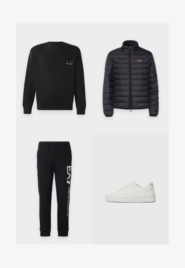 Zwarte pufferjack met hoge kraag, horizontale doorstikking, ritsluiting en een gouden logo op de linkerkant van de borst. Glad, lichtgewicht stof.; Zwarte sweatshirt met lange mouwen en ronde hals, met klein beige Armani Exchange-logo op de linkerborst.; Zwarte sweatpants van rekbaar materiaal. Voorzien van een elastische tailleband, taps toelopende boorden en witte branding op het linkerbeen.; Witte leren sneaker met een gladde afwerking, ronde neus, platte veters en een gestructureerde zool. Kenmerkt zich door een subtiel logo op de hiel.