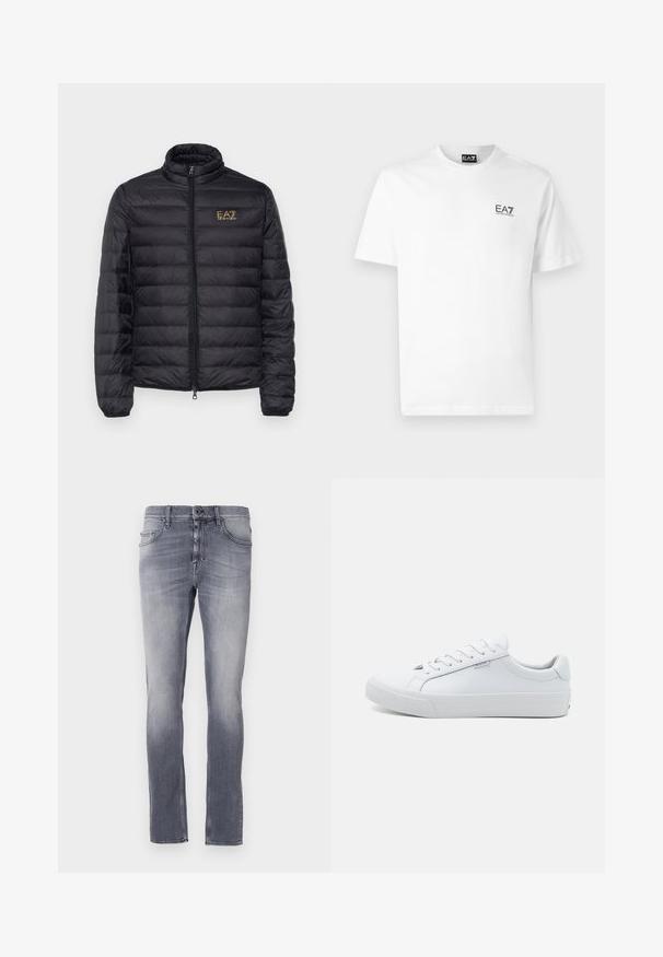 Sort puffjakke med høj krave, horisontal quiltning, lynlås lukning og et guld logo på venstre bryst. Glat, letvægts stof.; Hvid bomulds t-shirt med rund halsudskæring, korte ærmer og et sort EA7-logo på venstre bryst. Glat, ensartet tekstur.; Grå denimjeans med en falmet vask, straight-leg design, fem lommer, bæltestropper og en metalknaplukning i taljen.; Hvide lædersneakers med en glat overflade, lavt design, rund tå og flad gummisål. Udstyret med flade snørebånd og minimal branding.
