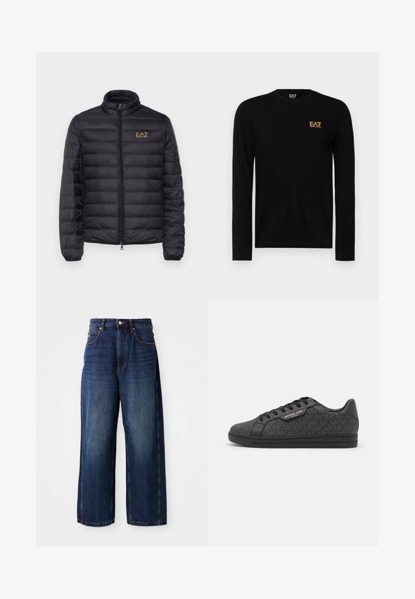 Zwarte pufferjack met hoge kraag, horizontale doorstikking, ritsluiting en een gouden logo op de linkerkant van de borst. Glad, lichtgewicht stof.; Zwart lange mouwen t-shirt van katoen, met een gouden EA7-logo op de linkerborst. Ronde hals ontwerp met aansluitende mouwen.; Donkerblauwe wijde-denim jeans. Kenmerken zijn een klassieke tailleband met riemlussen, zwarte zakken aan de voorkant en een rechte silhouet.; Zwarte sneakers met een textuur bovenwerk van stof met een subtiel MK-patroon, zwarte leren accenten en een zwarte rubberen zool.