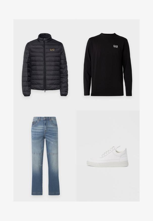 Schwarze Steppjacke mit hohem Kragen, horizontalen Nähten, Reißverschluss und goldenem Logo auf der linken Brust. Glattes, leichtes Material.; Schwarzes Langarmshirt aus weichem Stoff. Verfügt über ein kleines weißes Logo auf der linken Brustseite. Einfacher, runder Ausschnitt und gerader Schnitt.; Helle blaue Jeans mit geradem Schnitt, die verblassene Stellen, Nähdetails und einen mittelhohen Bund aufweisen. Sie verfügen über Vorderaschen.; Weißer Ledersneaker mit abgerundetem Zehenbereich, flacher Sohle und Schnürverschluss. Verfügt über Nahtdetails und einen gepolsterten Kragen für zusätzlichen Komfort.