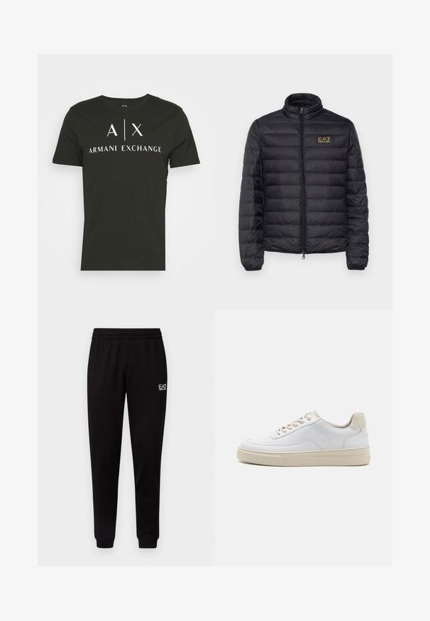 Schwarze Steppjacke mit hohem Kragen, horizontalen Nähten, Reißverschluss und goldenem Logo auf der linken Brust. Glattes, leichtes Material.; Schwarzes Rundhals-T-Shirt aus Baumwolle mit dem weißen Logo "A|X ARMANI EXCHANGE". Kurze Ärmel und eine lässige Passform.; Schwarze Sweatpants mit elastischem Bund, schmal zulaufenden Beinen und einem kleinen weißen Logo auf der oberen linken Seite. Glatte Textur und einfaches Design.; Weiße Sneaker mit einem glatten Lederobermaterial, beigen Schnürsenkeln und einer strukturierten, beigen Wildleder-Fersenschlaufe. Erhöhte Sohle für zusätzlichen Komfort.