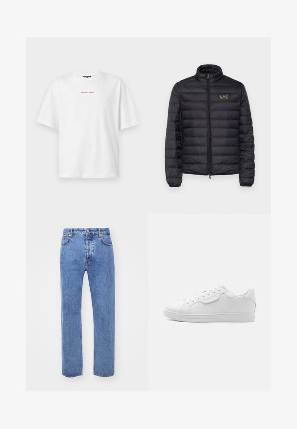 Chaqueta de pluma negra con un cuello alto, acolchado horizontal, cierre de cremallera y un logo dorado en el lado izquierdo del pecho. Tejido suave y ligero.; Camiseta blanca de manga corta con cuello redondo y pequeño texto rojo "MICHAEL KORS" centrado en el pecho.; Won Hundred STEVE - Vaqueros boyfriend - cut blue; Zapatilla de cuero blanco con puntera redondeada, seis ojales, cordones planos y un diseño minimalista. Presenta un pequeño logo en el lateral.