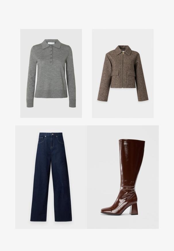 Veste en laine courte marron avec manches longues, fermeture éclair sur le devant, col pointu et deux poches à rabat sur fond uni.; Polo gris à manches longues fabriqué en matériau doux, avec un col, une patte de boutonnage demi-ouverte avec cinq boutons et des poignets côtelés.; Jean en denim bleu foncé à jambes larges avec bouton et poches à l'avant, présenté à plat sur fond blanc.; Bottes en cuir verni marron jusqu'aux genoux avec un bout carré, finition brillante et un talon épais pour la stabilité. Design sans couture sans matériel visible.