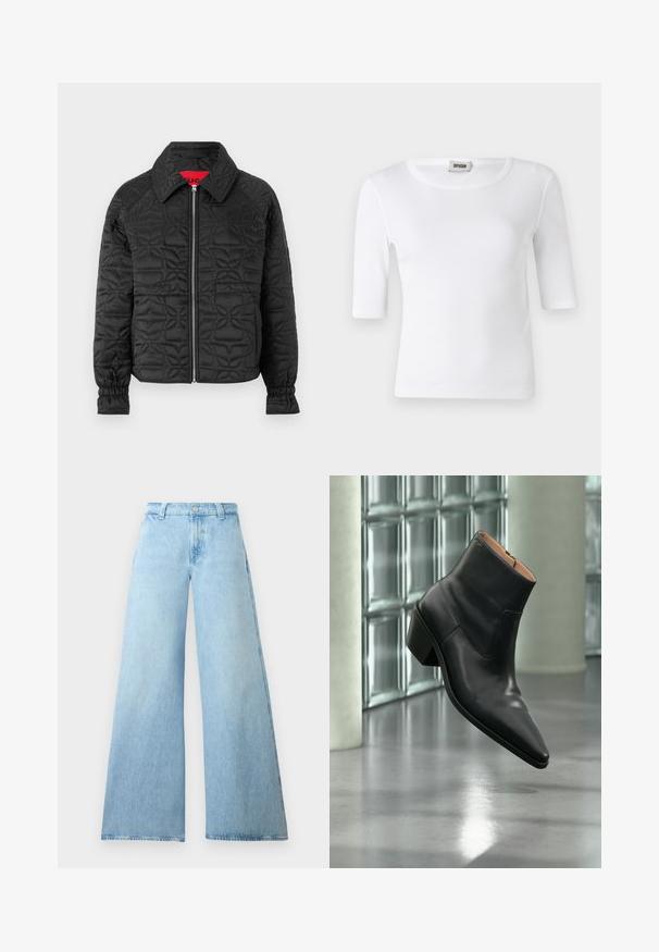 Chaqueta acolchada negra con cierre de cremallera en el frente, que presenta cuello con solapa, puños elásticos y patrones florales en relieve en toda la prenda. Etiqueta interior roja.; Camiseta blanca de canalé con escote redondo y mangas de longitud hasta el codo. Fabricada con un material suave de textura lisa. Etiqueta visible en el escote.; Jeans de pierna ancha de un azul claro, hechos de denim, con una cintura alta, que presentan un cierre de botón y cinco bolsillos. Textura suave con una silueta casual.; Botín de piel negra con puntera puntiaguda y tacón cuadrado que levita sobre un suelo gris reflectante cerca de una pared de bloques de cristal.