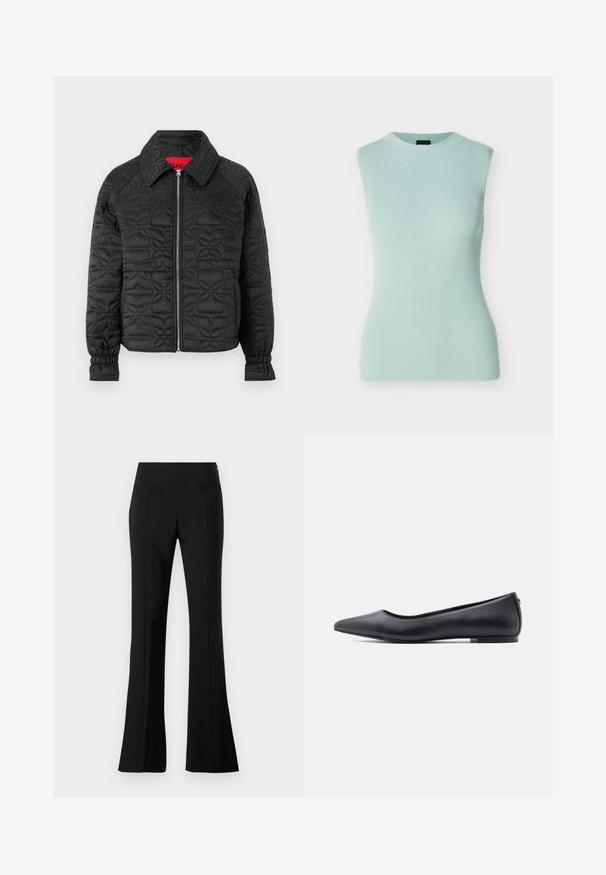 Chaqueta acolchada negra con cierre de cremallera en el frente, que presenta cuello con solapa, puños elásticos y patrones florales en relieve en toda la prenda. Etiqueta interior roja.; Top sin mangas de punto acanalado en verde menta pálido con cuello redondo y forma ajustada sobre un fondo liso.; Pantalones acampanados negros hechos de una tela suave con una cintura alta, que cuentan con dos bolsillos traseros y una línea en el frente de cada pierna.; Zapato plano de cuero negro con punta puntiaguda y tacón bajo, mostrado de perfil contra un fondo blanco.