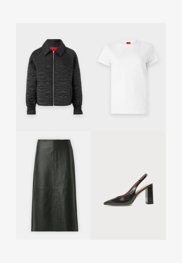 Veste noire matelassée avec fermeture éclair à l'avant, dotée d'un col, de poignets élastiques et de motifs floraux gaufrés sur l'ensemble. Étiquette intérieure rouge.; T-shirt blanc à manches courtes en coton léger. Présente un col rond et des manches retroussées. Étiquette logo rouge sur le col.; Jupe midi en cuir noir avec une coupe droite. Texture lisse, coutures minimales et taille ajustée. Pas de poches visibles ni de détails supplémentaires.; Chaussure slingback en cuir noir à bout pointu avec un talon bloc haut et une doublure intérieure beige sur un fond clair uni.