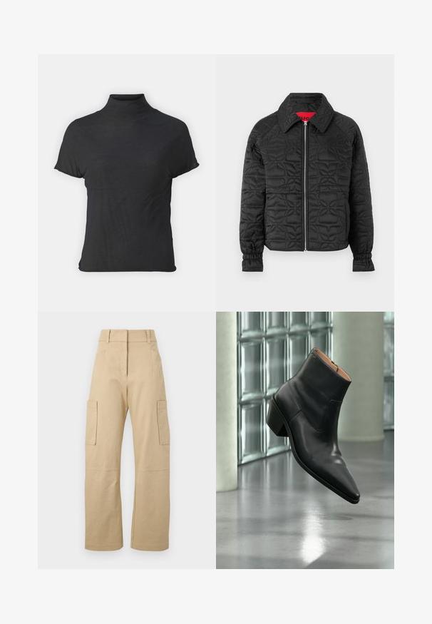 Chaqueta acolchada negra con cierre de cremallera en el frente, que presenta cuello con solapa, puños elásticos y patrones florales en relieve en toda la prenda. Etiqueta interior roja.; Top negro de manga corta y cuello alto, hecho de una tela ligera con una textura suave y una forma ajustada, que presenta un escote alto.; Pantalones cargo beige de algodón, con una cintura alta, perneras anchas, dos bolsillos laterales y dos grandes bolsillos cargo en los muslos.; Botín de piel negra con puntera puntiaguda y tacón cuadrado que levita sobre un suelo gris reflectante cerca de una pared de bloques de cristal.