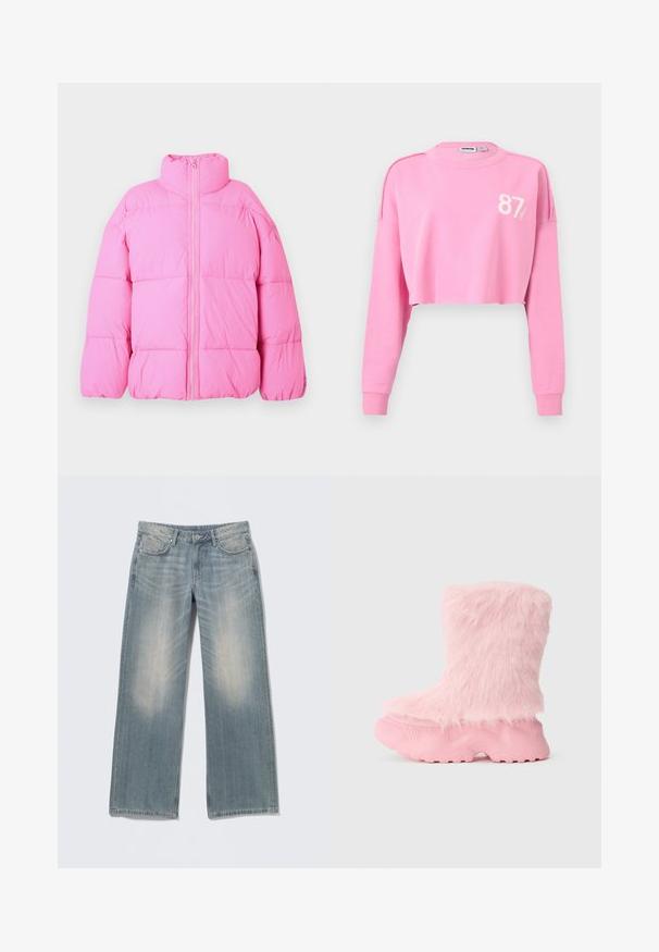 Rosa Steppjacke mit hohem Kragen, durchgehendem Frontreißverschluss und gesteppter Struktur. Verfügt über weite Ärmel und eine lockere Passform.; Rosa kurzes Sweatshirt mit langen Ärmeln und gerippten Bündchen, mit der Nummer "87" und einem kleinen Logo auf der oberen linken Brust.; Hellblaue, weite Jeans mit ausgewaschenem Finish, gefertigt aus Denim. Verfügt über Gürtelschlaufen, Vordertaschen und einen Reißverschluss mit Knopfverschluss.; Klobige pinke Stiefel mit strukturiertem Absatz und weichem, flauschigem Kunstpelz, der den gesamten oberen Teil bedeckt.