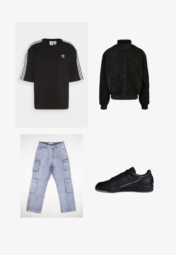 Zwarte fleecejack met een hoge kraag, ritssluiting en een gestructureerd, pluizig materiaal. Voorzien van ribgebreide manchetten en zijzakken.; Zwarte T-shirt met korte mouwen, gemaakt van katoen, met witte drie-strepen accenten op de schouders en een geborduurd Adidas-logo op de borst.; Lichtblauwe denim cargo broeken met meerdere zijzakken, een knoopsluiting en een rechte pijp ontwerp met contrasterende stiksels.; adidas Originals CONTINENTAL 80 SHOES - Sneakers laag - black