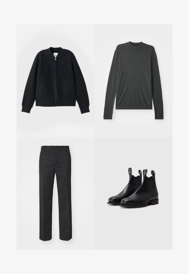Sort bomberjakke lavet af struktureret stof, med lynlås foran, ribbede manchetter og to sidelommer. Enkel, minimalistisk design.; Mørkegrå langærmet strikket sweater med høj, ribbet krave. Blød tekstur, afslappet pasform og ingen synlige mønstre eller hardwaredetaljer.; Filippa K TROY TROUSERS - Bukser - black; Sorte læder chelsea støvler med elastiske sidepaneler, kontrasterende syninger og trækstænger med mærkets logo. Flade gummisåler.