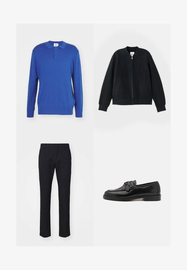 Must must jacket, mis tekstureeritud kangast, millel on tõmblukk ees, soonilised mansetid ja kaks külgtaskut. Lihtne, minimalistlik disain.; Pika-särgi sinine pikkade varrukatega polo nööbiga, kolme nupu ja soonilise kummiga mansettide ning alumise äärega. Valmistatud pehmest kudumisest.; Tumed püksid kohandatud lõikega, valmistatud siledast kangast. Omab lamedat esiosa, vöökohal sildu ja sirgeid jalgu puhta äärega.; Mustad mustad nahast kingad, millel on ümmargune varvas ja dekoratiivne pandla aktsent. Lame, ühtlane konts ja sile pind üle kogu kinga.