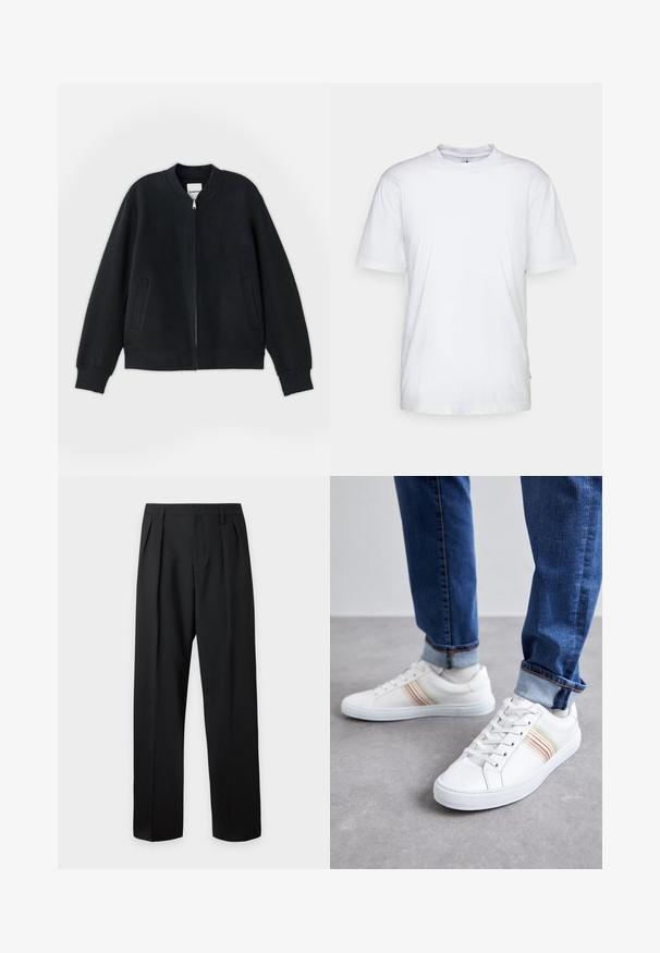 Sort bomberjakke lavet af struktureret stof, med lynlås foran, ribbede manchetter og to sidelommer. Enkel, minimalistisk design.; Hvid bomulds t-shirt med rund hals, korte ærmer og lige kant. Har et lille mærke på den venstre sidesøm.; Sorte skræddersyede bukser med høj talje, bæltestropper, frontfolder, knaplukning og lige vide ben på en lys baggrund.; Hvide lædersneakers med multicolore striber, snørebåndsdesign, gummisål og polstret krave, parret med blå denimjeans.