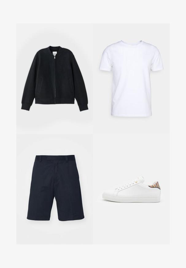 Sort bomberjakke lavet af struktureret stof, med lynlås foran, ribbede manchetter og to sidelommer. Enkel, minimalistisk design.; Hvid kortærmet t-shirt i bomuldsstof med rund halsudskæring. Enkel design uden mønstre eller detaljer. Glat tekstur.; Sorte shorts lavet af et glat stof, med flad front, bæltestropper og knælangt design uden synlige mønstre eller hardware.; Hvide lædersneakers med en glat overflade, prydet med en farverig stribet detalje på hælen, guldøje og flad hvid sål.