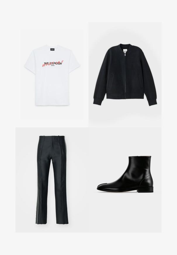 Sort bomberjakke lavet af struktureret stof, med lynlås foran, ribbede manchetter og to sidelommer. Enkel, minimalistisk design.; Hvid bomulds t-shirt med korte ærmer, som har et sort og koralfarvet grafisk print. Teksten lyder: "THE KOOPLES? HVA?" og "PARIS."; Sorte satinbukser med en skræddersyet pasform, der har hvide sidelister. Designet med en udvidet benvidde og frontfolder for ekstra detalje.; Sort poleret læderankelstøvle med lav hæl og sidelås, slankt og glat design på en ensfarvet lys baggrund.