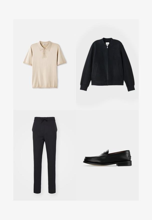 Must must jacket, mis tekstureeritud kangast, millel on tõmblukk ees, soonilised mansetid ja kaks külgtaskut. Lihtne, minimalistlik disain.; Beež polo särk krae ja kolme nööbiga. Lühikesed varrukad, pehme tekstuur ja sirge ääreline. Minimalistlik disain.; Mustad, kitsad püksid, mis on valmistatud pehmest kangast. Omavad stringsit, mille saab reguleerida, ja külgtaskuid, millel on sile tekstuur.; Meeste must nahast loafer madala kontsa ja mokasiini-tüüpi õmblusega varbaosas, küljelt vaadatuna, ühevärvilise taustaga.
