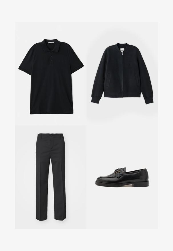 Sort bomberjakke lavet af struktureret stof, med lynlås foran, ribbede manchetter og to sidelommer. Enkel, minimalistisk design.; Sort polo shirt lavet af bomuld, med en klassisk krave, tre-knaps lukning, korte ærmer og en diskret logo detaljer på forsiden.; Filippa K TROY TROUSERS - Bukser - black; Sorte læder loafers med rund tå og en dekorativ spændeaccent. Flad, solid hæl og glat tekstur hele vejen igennem.