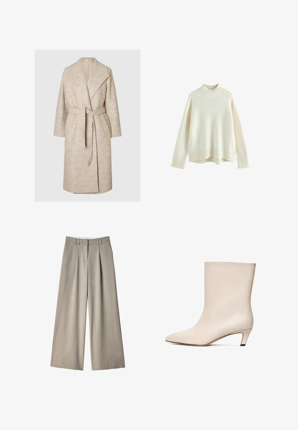 Beige knælang uldfrakke med brede revers, lange ærmer, to frontlommer og et matchende bælte bundet om taljen.; Cremefarvet sweater med ribbet høj hals, lange ærmer og en afslappet pasform. Struktureret strikstof og ribbestykke detalje i bunden.; Lys grå brede bukser fremstillet af glat stof, med flad front, plisseringer og sidelommer.; Beige læder ankelstøvle med spids tå og konisk hæl. Glat tekstur med minimal syning og en strømlinet silhuet.