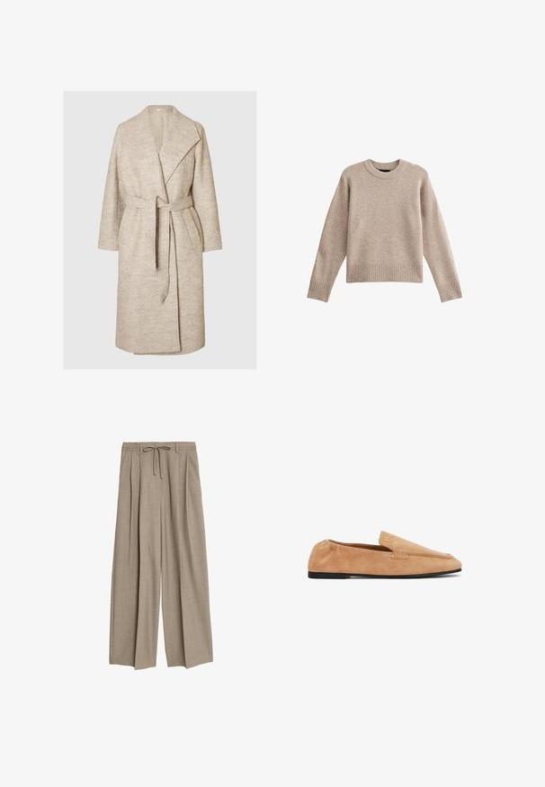 Beige knælang uldfrakke med brede revers, lange ærmer, to frontlommer og et matchende bælte bundet om taljen.; Beige strikket sweater med rund hals, ribbede manchetter og kant. Stofstrukturen er blød med et subtilt mønster. Afslappet pasform design.; Beige højtaljede bukser med en afslappet pasform, der har pletter og en snøre i taljen. Materialet ser ud til at være tekstureret og let.; Lysebrun mokkasinin i ruskind med lav sort sål, elastisk bagpå og lille guldbrandlogo nær den øverste kant, set fra siden.