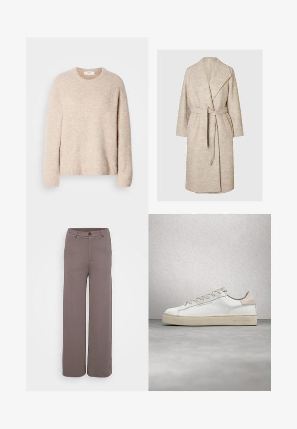Manteau en laine beige à mi-mollet avec de larges revers, manches longues, deux poches avant et une ceinture assortie nouée à la taille.; Pull en maille beige avec col rond, manches longues et ourlet côtelé. Tissu doux et texturé avec une coupe décontractée.; Pantalons à jambes larges en tissu brun lisse et discret, avec des poches avant, une fermeture à bouton et une taille ajustée.; Sneaker en cuir blanc avec une finition lisse, accents en suède beige, bout arrondi, design à lacets plats et semelle en caoutchouc texturée.