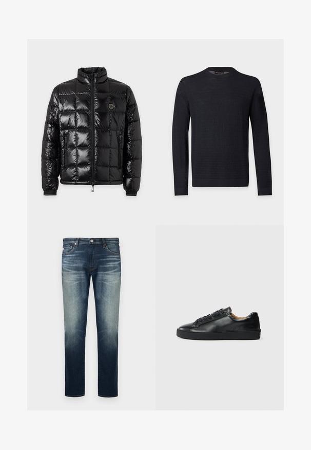 Veste matelassée noire brillante avec col montant, fermeture éclair à l'avant, poches latérales zippées et écusson rond avec logo sur la poitrine.; Pull noir à manches longues avec col rond, motif texturé subtil, poignets et ourlet côtelés, présenté sur un fond uni gris clair.; Jean droit bleu pour hommes avec décoloration sur les cuisses et les genoux, fermeture avant par bouton et fermeture éclair, et design à cinq poches.; Baskets en cuir noir avec une texture lisse, bout rond et fermeture à lacets. Comprend une semelle en caoutchouc épaisse et un minimum de détails de marque.