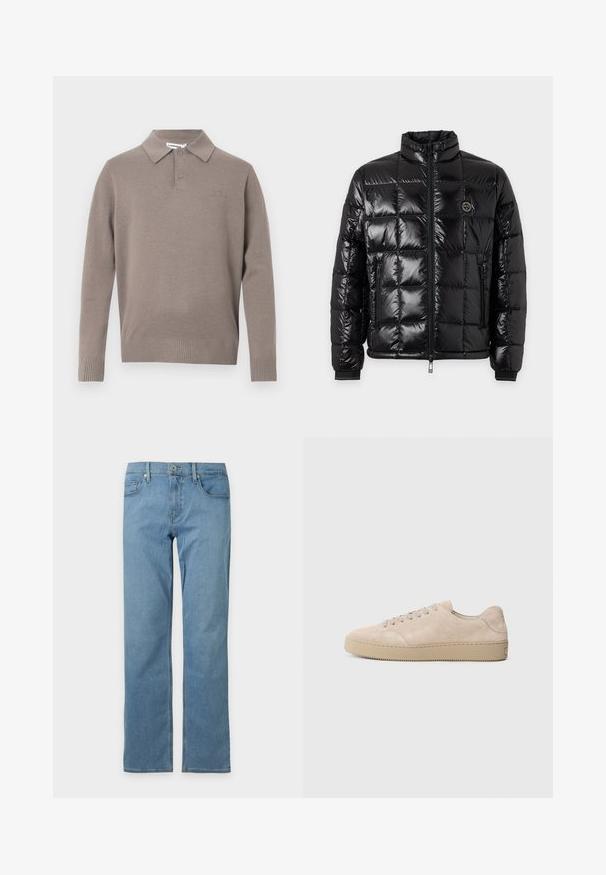 Veste matelassée noire brillante avec col montant, fermeture éclair à l'avant, poches latérales zippées et écusson rond avec logo sur la poitrine.; Pull polo gris en tricot avec col, deux boutons et poignets et ourlet côtelés, arborant un logo subtil sur la poitrine.; Jean bleu clair à jambes droites avec poches avant, passants pour ceinture, bouton et fermeture éclair sur un fond uni clair.; Baskets en daim beige avec un bout rond, des lacets plats et une semelle en caoutchouc texturé. Design minimaliste avec des bords lisses et des coutures discrètes.