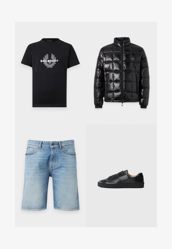 Veste matelassée noire brillante avec col montant, fermeture éclair à l'avant, poches latérales zippées et écusson rond avec logo sur la poitrine.; T-shirt noir à manches courtes avec col rond, orné d'un logo Belstaff argenté réfléchissant et d'un emblème ailé centré sur la poitrine.; Shorts en jean bleu clair avec bouton à l'avant, braguette zippée, passants pour ceinture et poches avant, présentés sur un fond uni.; Baskets en cuir noir avec une texture lisse, bout rond et fermeture à lacets. Comprend une semelle en caoutchouc épaisse et un minimum de détails de marque.
