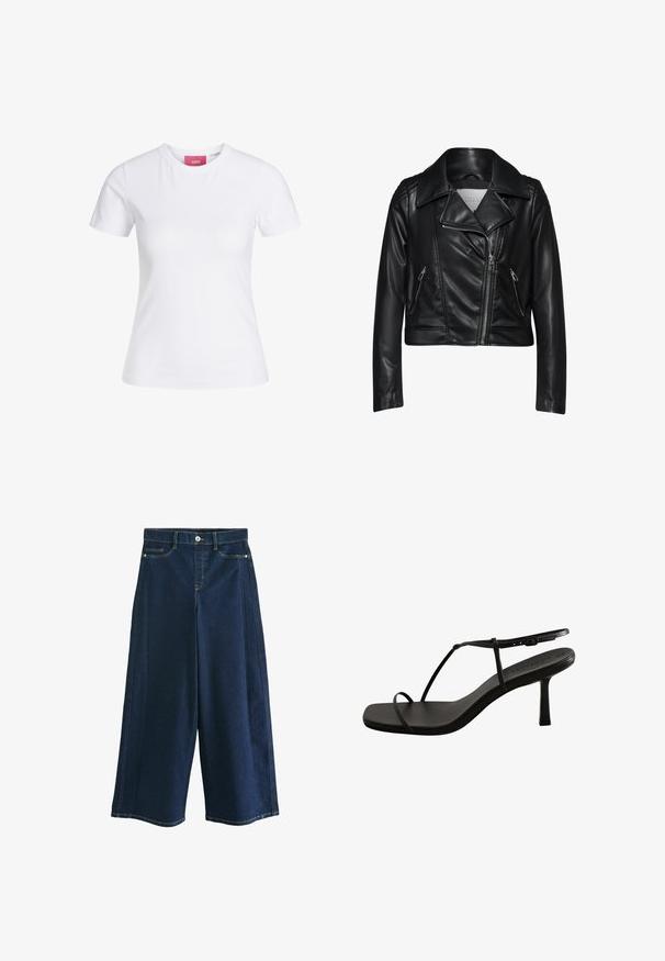 Sort læder cropped jakke med reverskrave, asymmetrisk frontlynlås og to lynlåslommer på siderne. Har teksturerede skulderdetaljer.; Hvid slimfit t-shirt med korte ærmer og rund halsudskæring med en lyserød JJXX-label indeni kraven, vist mod en ensfarvet baggrund.; Mørkeblå, vide denim-culotter med markante sting og forlommer. Messingknap og lynlåslukning i taljen.; Sort hvid sandal med firkantet tå og tynde stropper. Har en tilspidset, mellem-høj hæl og en glat, mat finish.